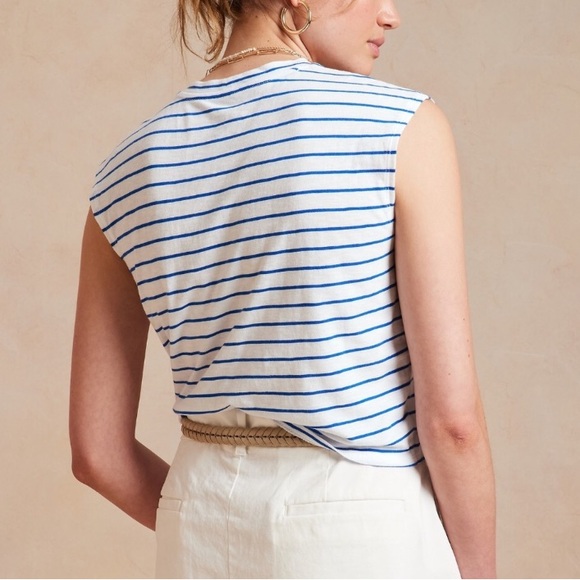 BANANA REPUBLIC Top Size S Cotton Slub Malibu Tee Navy Stripe Tie Resort - Picture 3 of 5